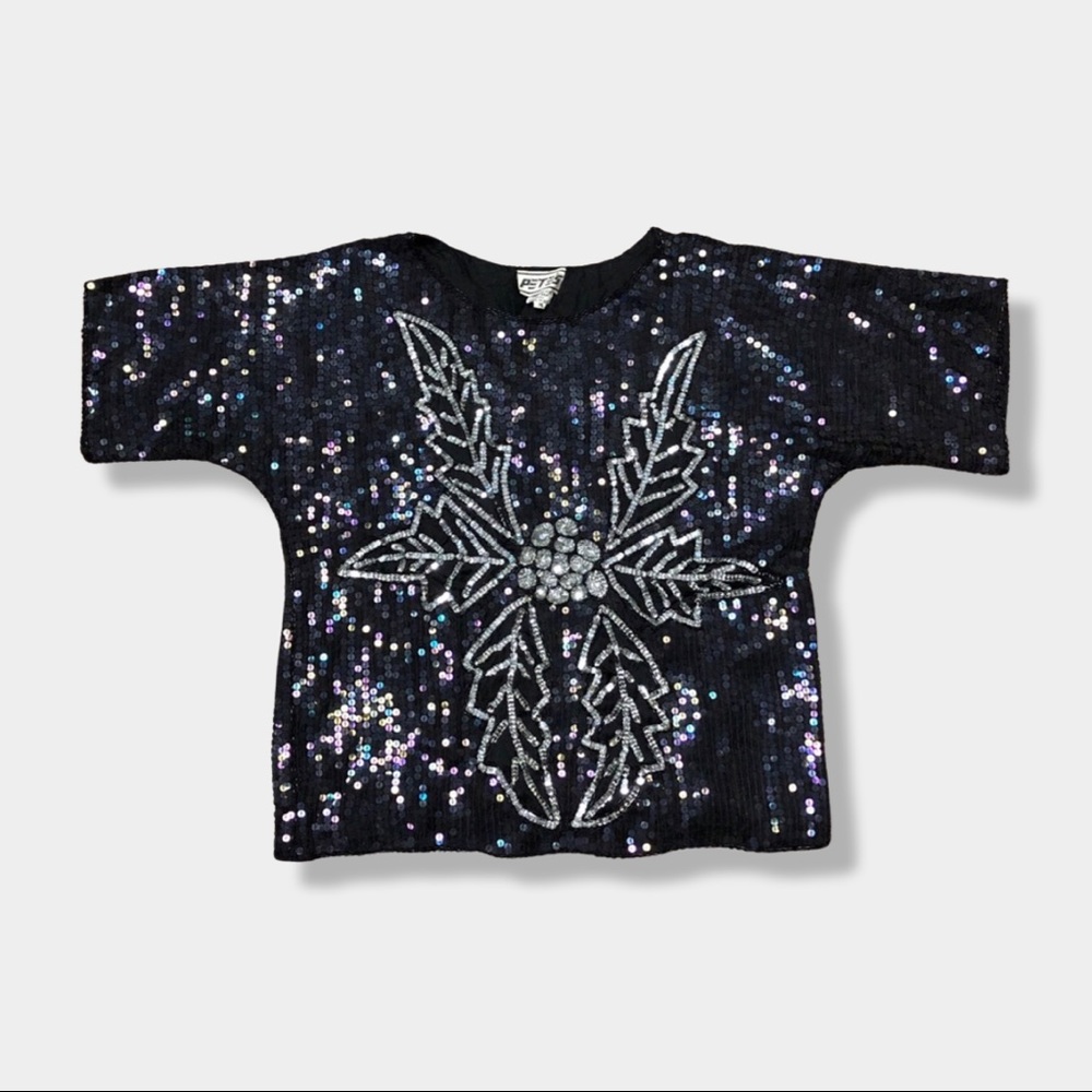 80s Ugly Christmas Sequin Beaded Silk Blouse Top M